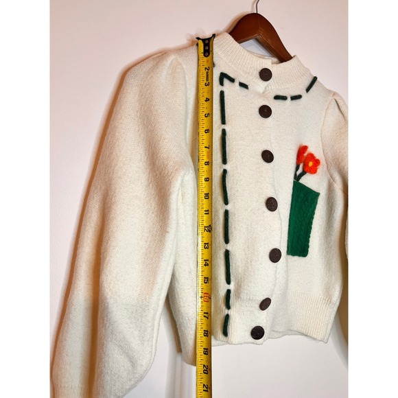 Cider Cream Cardigan Sweater Women's Med Floral Embroidery Puff Sleeve Button Up - Picture 5 of 5